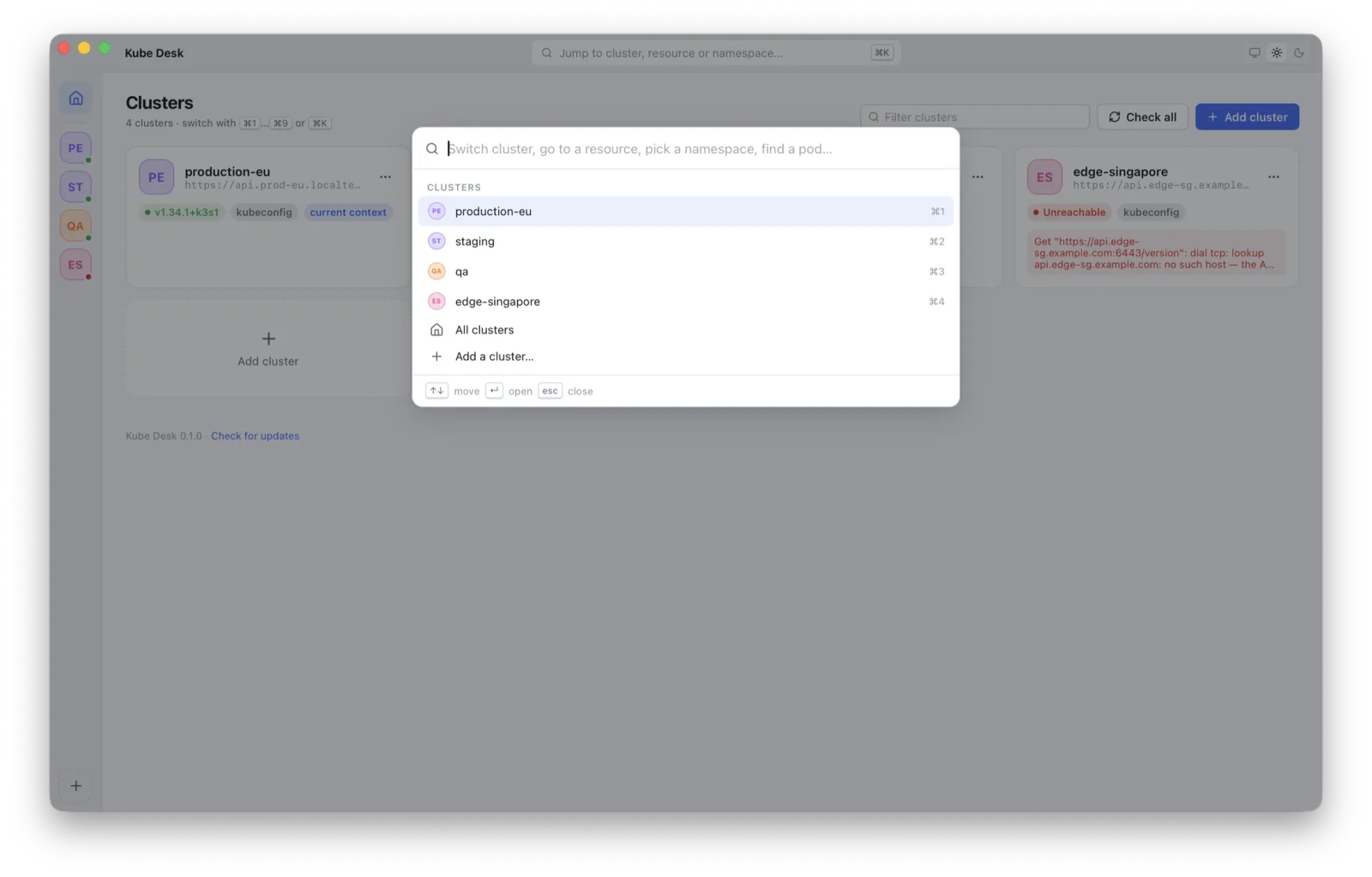 The command palette listing clusters, pages and pods
